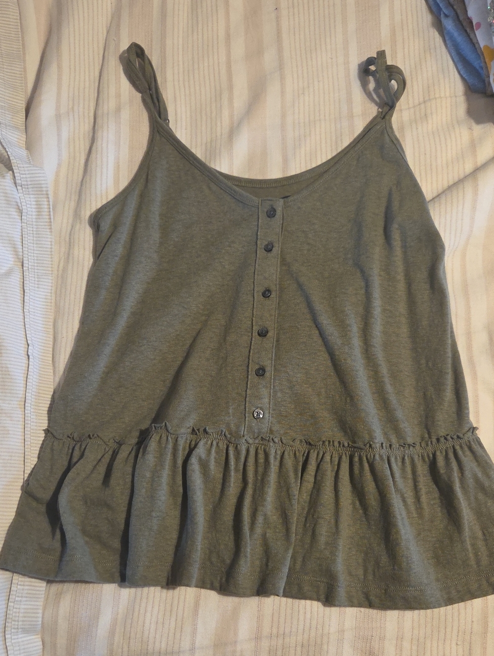 Abercrombie & Fitch Olive Green Ruffled Button Tank